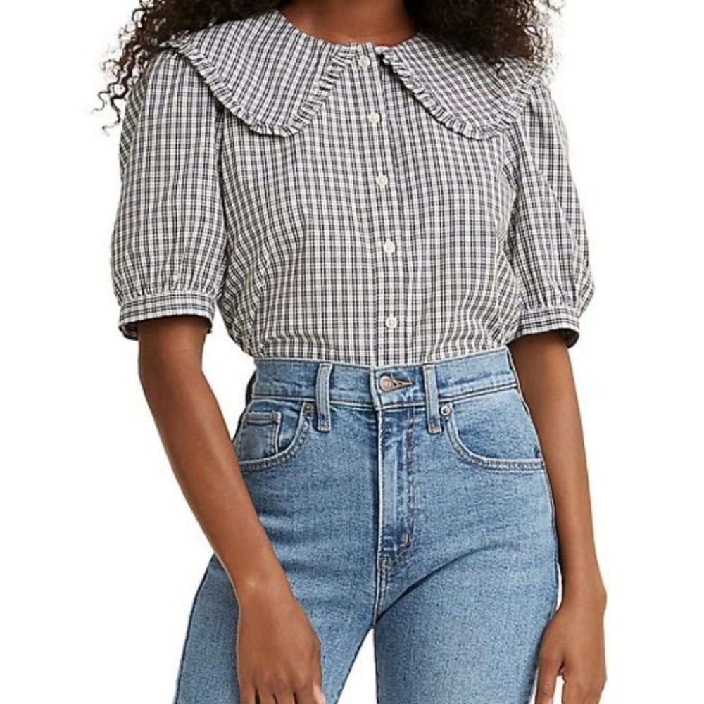 Levi's Black and White Plaid Button-Down Top with Peter Pan Collar